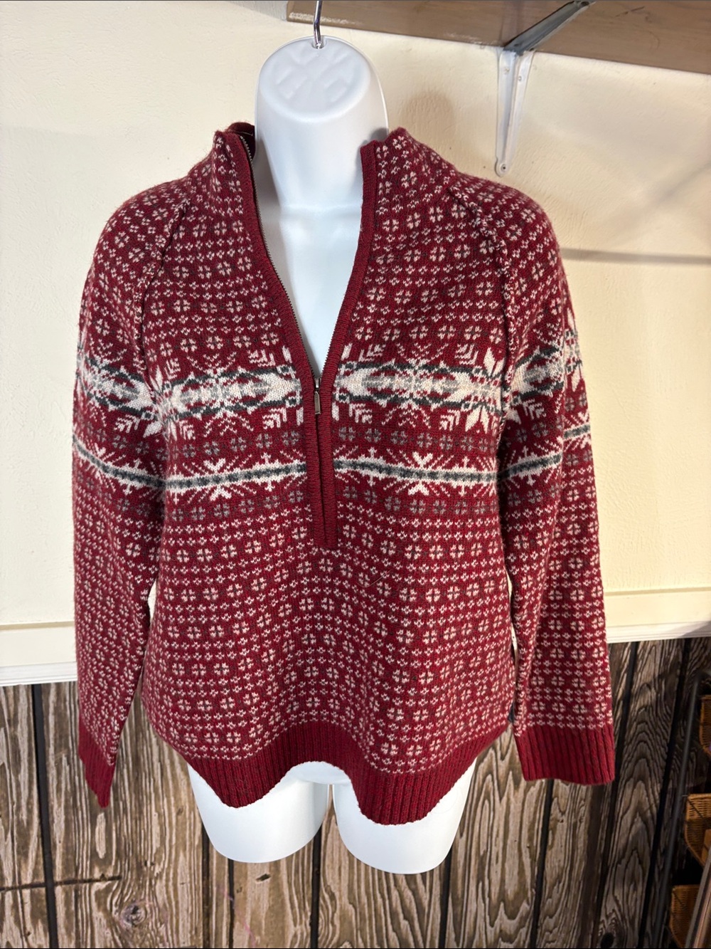 Woolrich Red Fair Isle Half-Zip Turtleneck Sweater